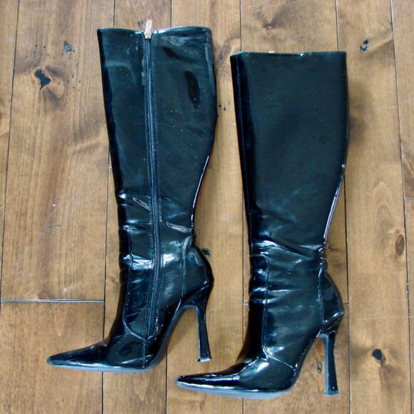 Aldo Black Pantent Leather Knee High Stiletto Boots Pointy Toe Size UK 5 US 7.5 - Picture 7 of 16